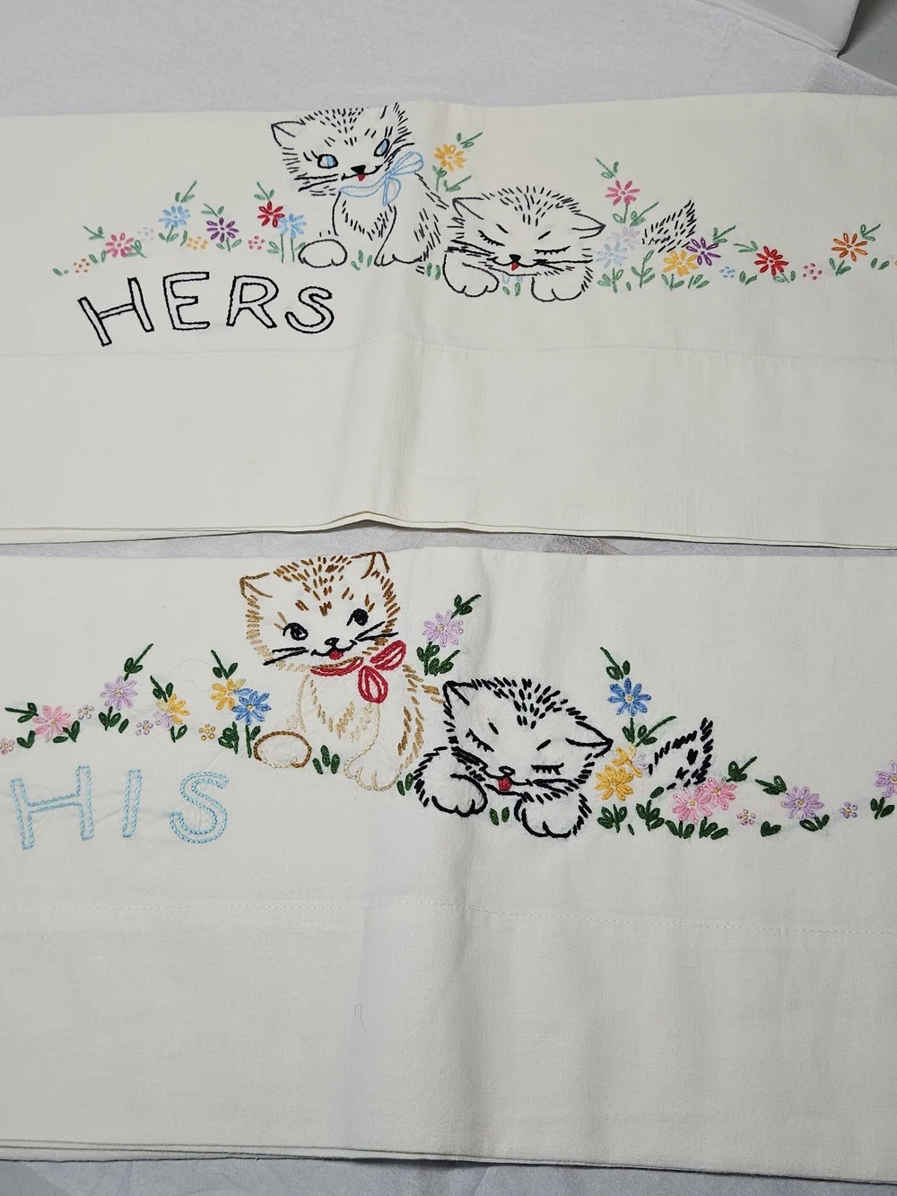 Vintage Pair Embroidered 'His' and 'Hers' Kitten Cat  Pillowcases